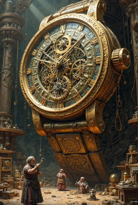 A huge handmade watch and dwarf people, men and women, make it