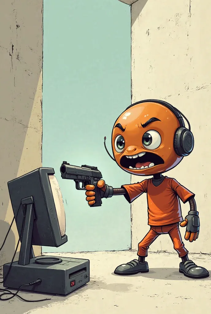 Make me a cartoon character pointing a gun at a computer 
