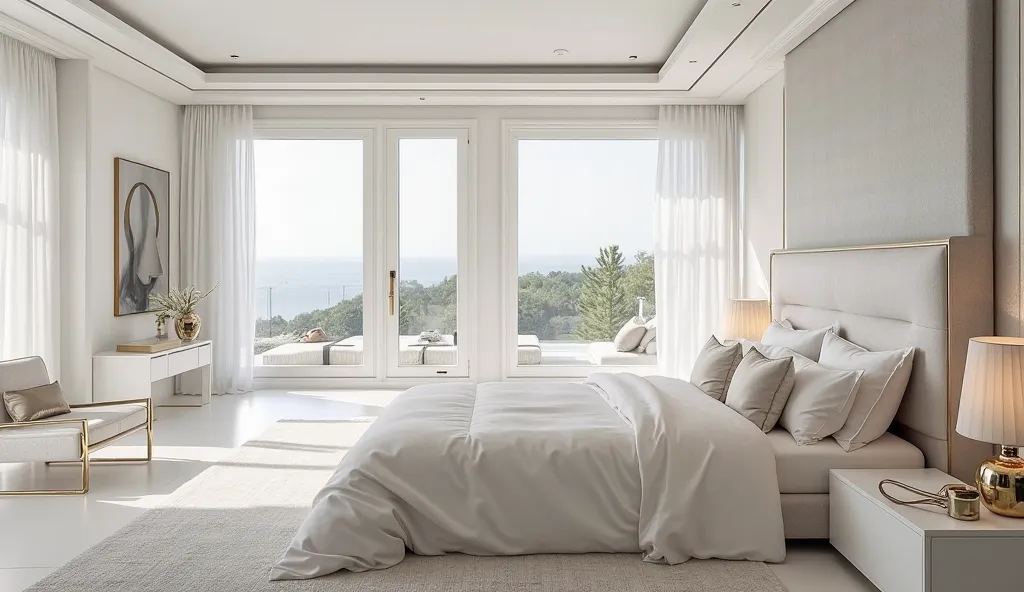 A serene and luxurious master bedroom in a white-themed mansion. The room features a king-sized bed with soft white linens, large windows offering beautiful views, and elegant, minimalist furniture. The walls and decor are a calming white with accents of g...