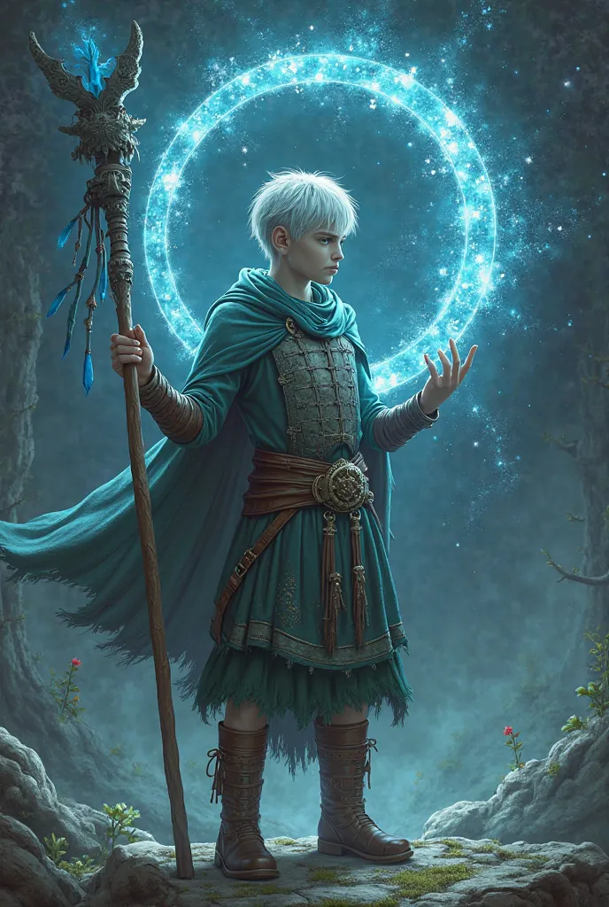 human morphological appearance, water green skin, silver hair,bob haircut, kilt clothes,leather armor, leather boots, magic staff, midnight blue crystal necklace,druid, circle of stars, young man