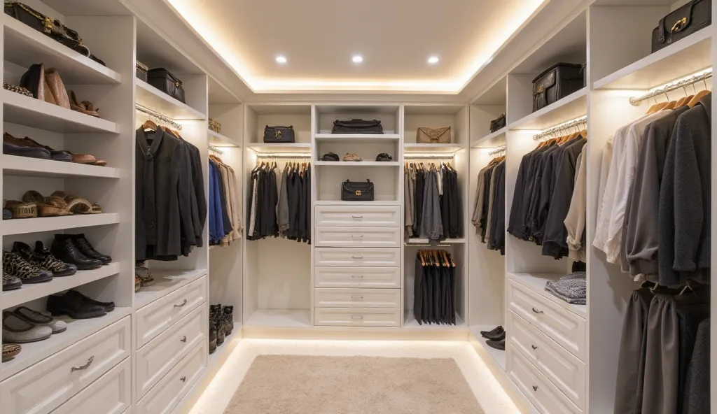 A spacious walk-in closet in a luxury mansion, featuring custom shelving, drawers, and hanging racks for clothes and accessories. The closet is illuminated with soft ambient lighting, and the design is sleek and minimalist, with white walls and high-end fi...