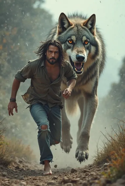 Man who runs away dressed in a long torn shirt and ripped jeans with black hair and without shoes who runs away from a giant wolf that runs after him with long ears 