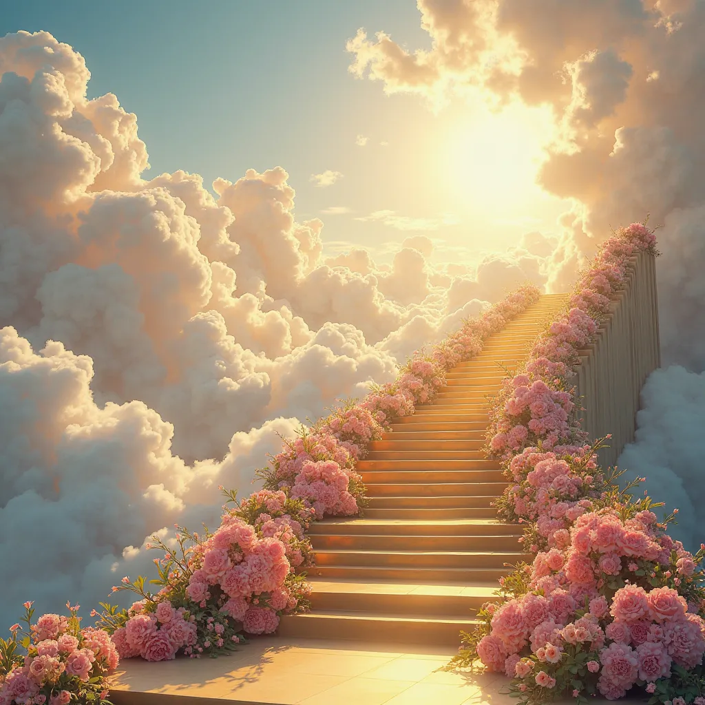 hyper realistic image of a paradise in heaven, with a golden staircase rising to the sky, adorned with beautiful flowers, At the bottom of the stairs, the whole design is on the right side of the image, leaving a free space on the left side, Alta calidad, ...