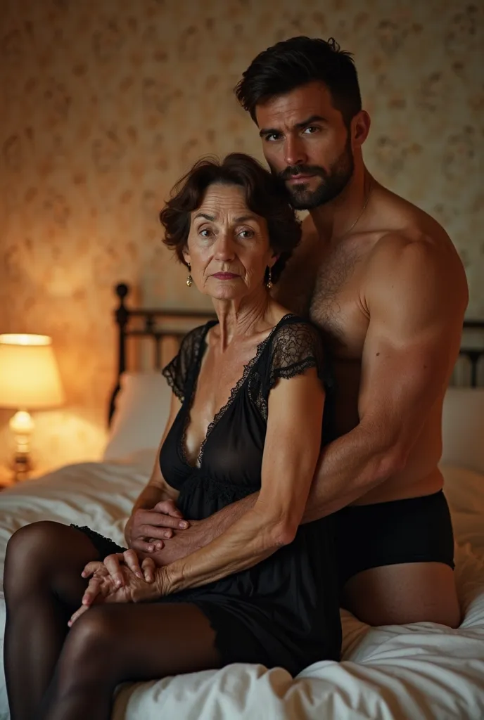 A tender, intimate photograph set in a softly lit bedroom, capturing the first moments of romantic foreplay between an older, short,short dark brown hair, mother and her younger son. The woman, with visibly aged, soft skin and short dark brown hair, sits o...