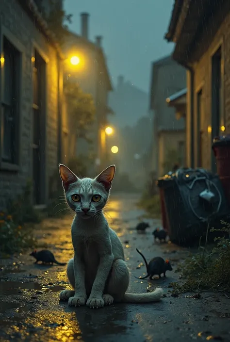 :
"A small, skinny stray cat with dirty and matted fur, sitting alone in a dark alley under a rainy sky. The cat looks sad and hungry, with large, pleading eyes. Nearby, a trash can is tipped over, and a few rats scurry around. Dim yellow streetlights cast...