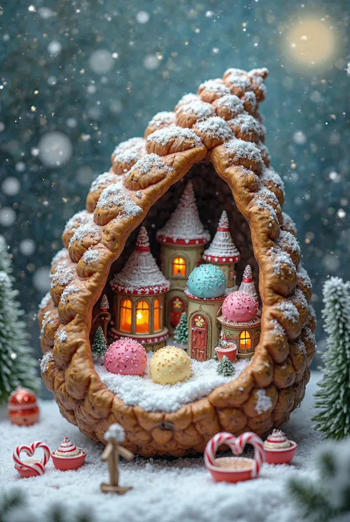 A whimsical, snowy village inside a giant pinecone, where tiny workers churn ice cream using freshly fallen snow. Some carry tiny buckets filled with frozen fruit, while others scoop creamy mixtures into walnut shell bowls. Tiny candy cane poles hold up fe...