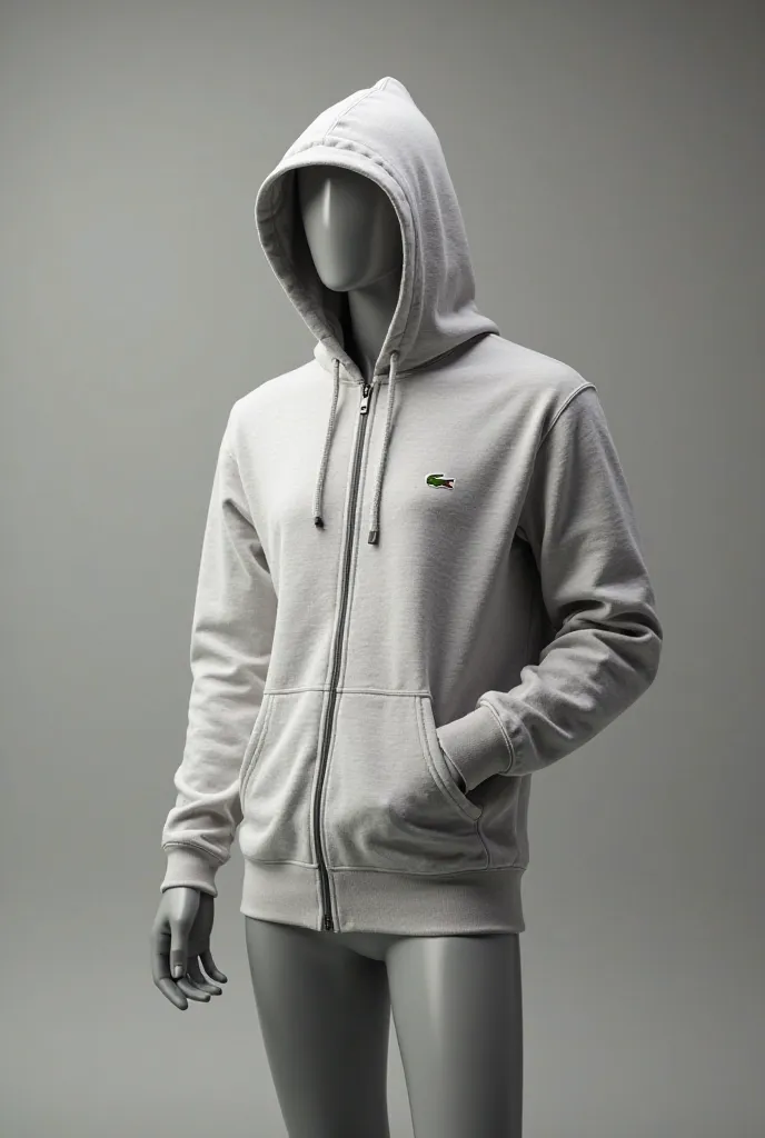 Draw casual sportswear for an online store banner On a gray mannequin with a zipka with a hood, Lacoste