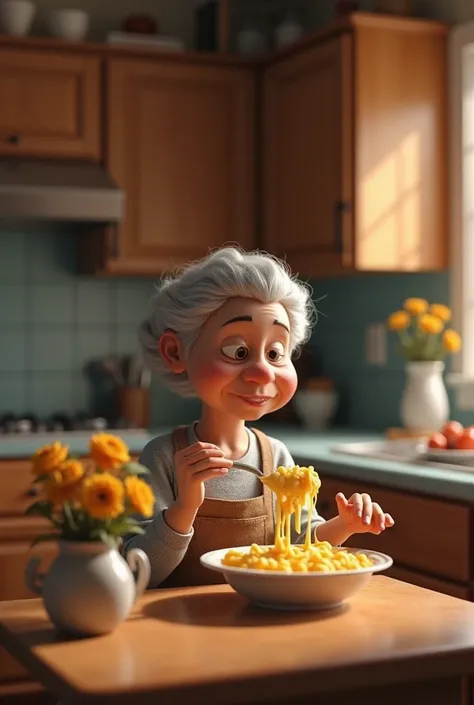 A highly detailed 3D-style scene: Inside a cozy, well-lit American kitchen with wooden cabinets. At the center of the scene, an elderly woman with soft wrinkles and gray hair sits at a small wooden dining table, enjoying a plate of macaroni and cheese. She...