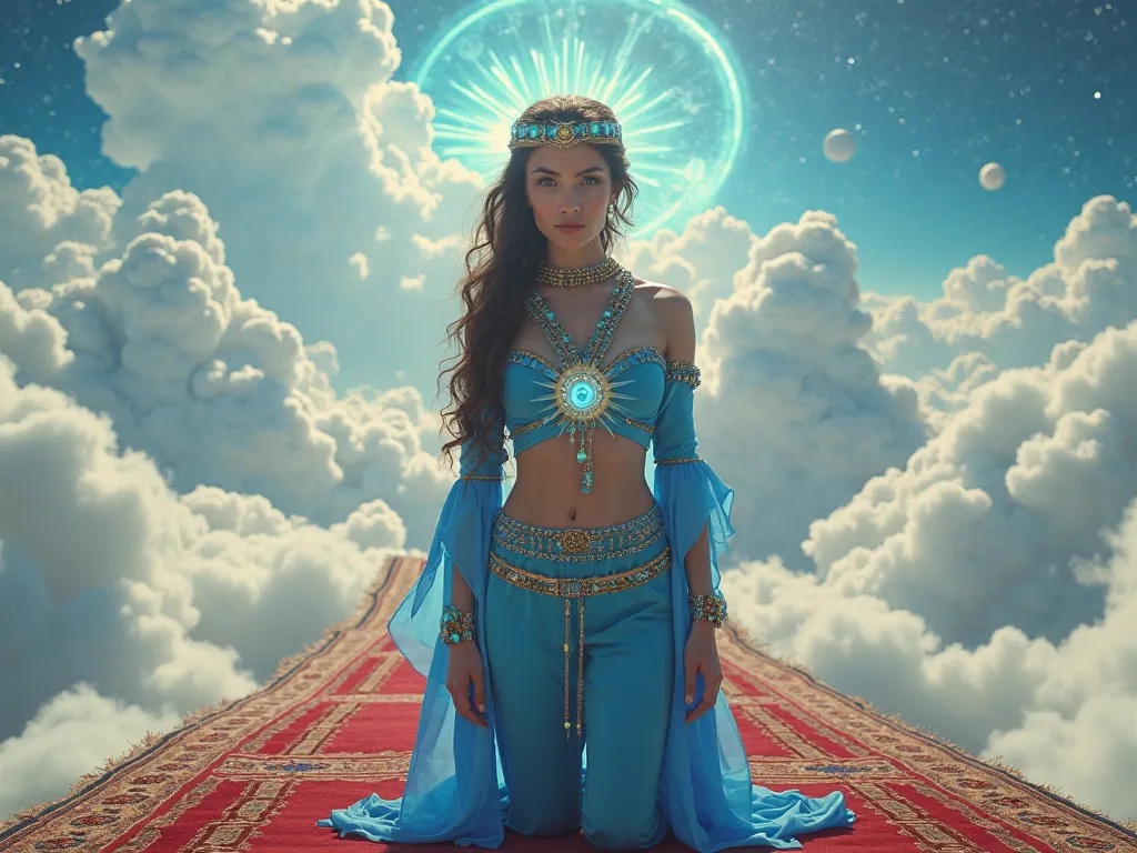  cinematic shooting . on a large rectangular airplane carpet, that hovered above white clouds, where you can see the beautiful eastern old big city of Agrabah, in the center of the carpet is a model-looking girl, with a gold headband decorated with blue ru...