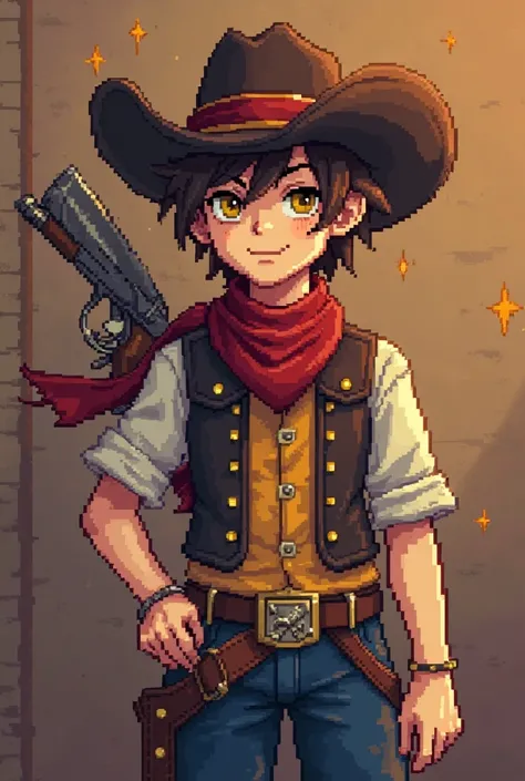 make me a 15-year-old character in Undertale style, in pixel art ,That represents the soul of justice, using his cowboy hat and toy gun, and makes him have yellow eyes and brown hair, with an old-western style outfit