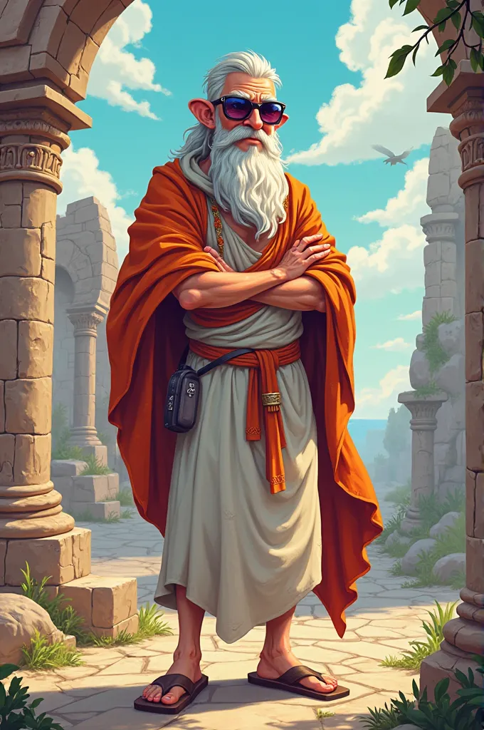 Create a vibrant, cartoon-style avatar of a wise and quirky ancient storyteller. The character wears a flowing toga and sports a modern twist—subtle sunglasses or a sleek digital accessory. Use clean digital art lines and vibrant, eye-catching colors. The ...