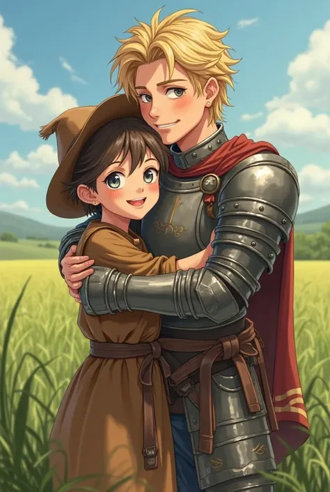 farmer young male with brown dress that covers his legs and a small hat. Medieval. preety face, grey eyes and brown hair in a green field. He is hughing happily to a handsome young soldier wearing armor, with blonde hair, more tall than him. Anime style. U...