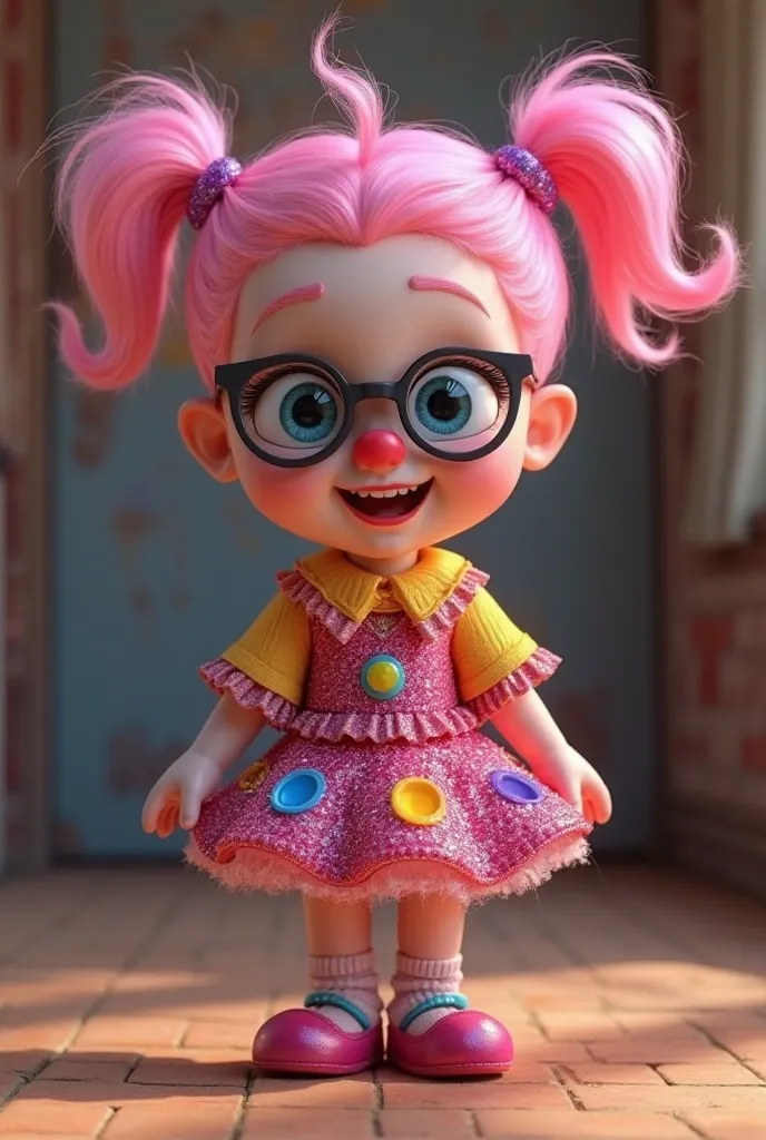 a character , sleeve bolero with pink baby hair, short to the shoulders, with two tails above the head, who wears black-rimmed lenses, has a sober clown makeup Tony, wear glitter dress the skirt above the knee in 3 layers, a 3/4, and clown shoes, pixar ani...