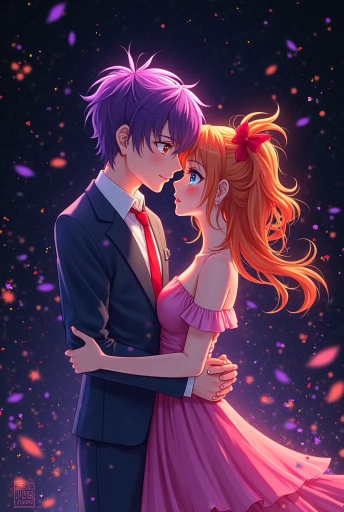 Profile picture of an anime couple, bright colors, purple and orange, and a black background.