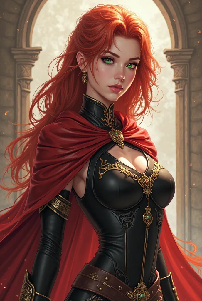  Red-haired woman, pale skin,  pink lips, dressed in black with a red cape, Warrior clothing, green eyes,  elegant, beautiful, Anime 2.0, realistic 
