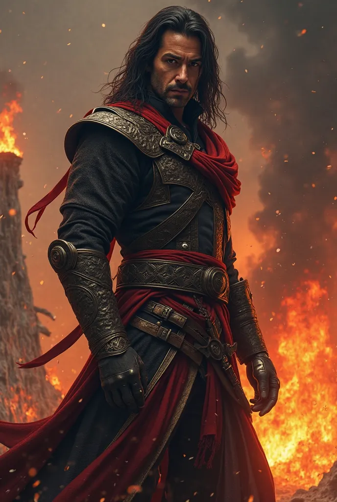 Make Shay cormac long hair black red and black Templar outfit clean shaved face no facial hair behind a burning assassin homestead 