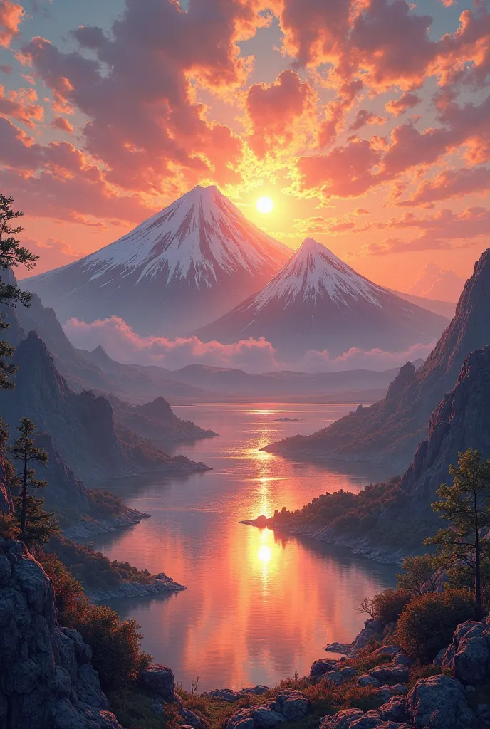 A natural landscape with two volcanoes and a sunrise in the middle