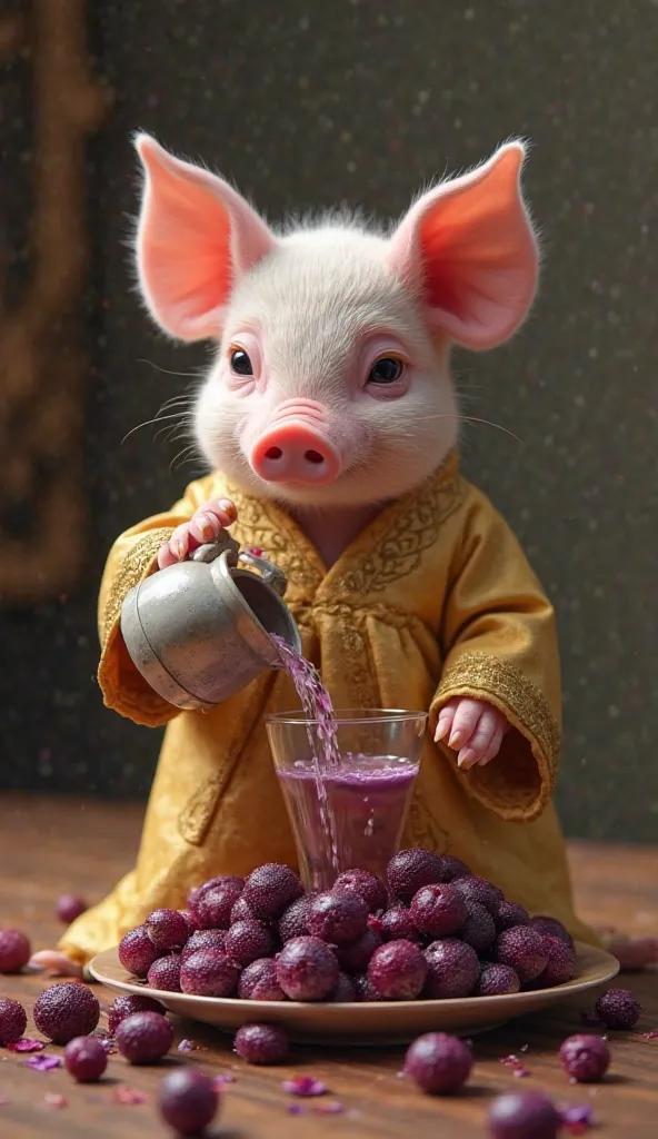 A piglet in a golden robe pouring a jar of water into a glass tray filled with açaí with water that is on the table 