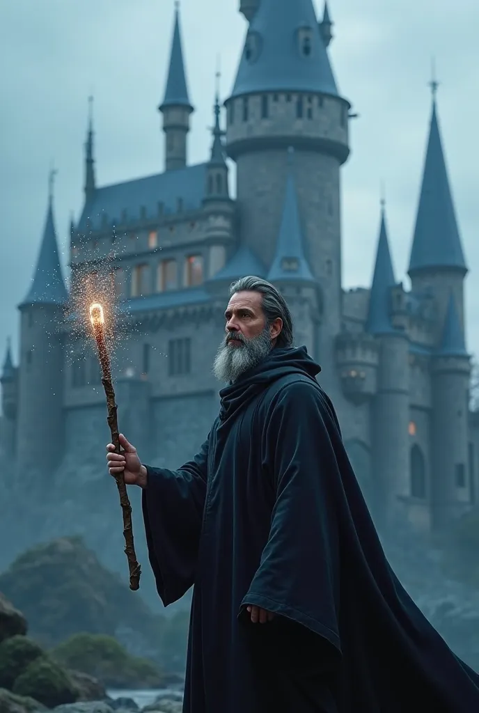 sex,  8K Ultra HD, create an image of a wizard with a wand in his hand with glitter on the tip in front of a castle. With a black robe and the inside of the play falls behind the play color blue  