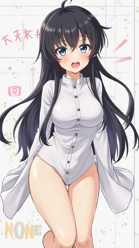 1 , Long hair, high resolution, Alone, Open mouth, blue eyes, black hair, simple bottom, Fringe between the eyes, tongue out, Best Quality, Anatomically correct, Super detail, Awarded multiple times, big breasts,  saliva ,  Sanpaku,  Heart in the Eyes,  ex...