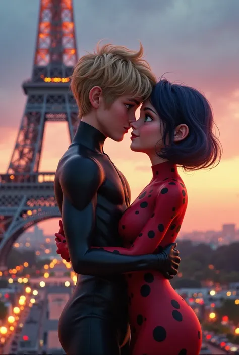 Cat noir with wavy blond hair kissing Marinette with short pigtails and blue black hair in front of the Eiffel Tower