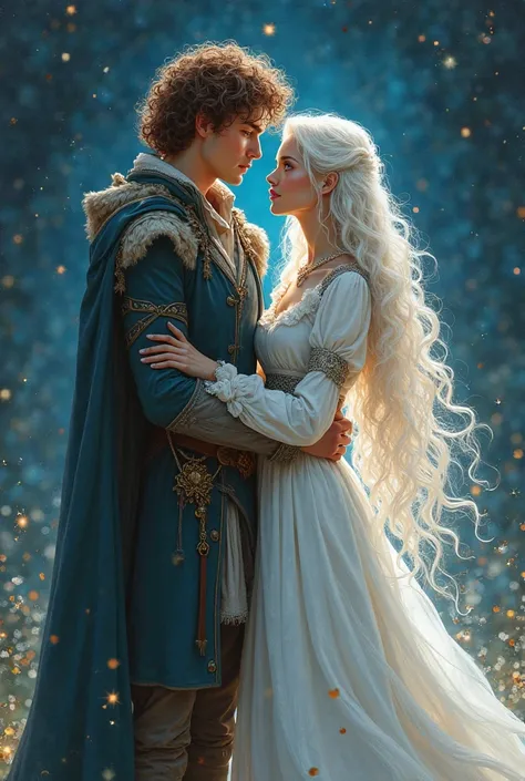  Draw a couple in love , girl with long curly white hair with her hair flowing to the waist, and bright blue eyes in a white floor-length dress. And the guy with curly brown hair and green eyes, clothes worn by a guy from the 15th century. Full height at n...