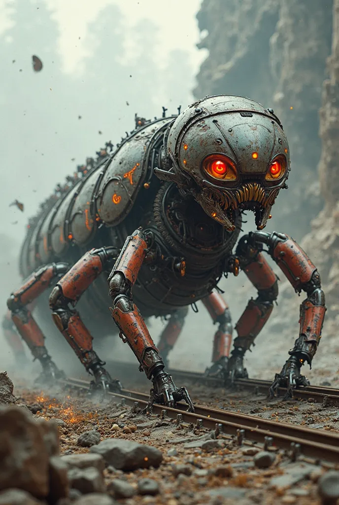 

"Imagine a futuristic hybrid creature that combines the organic and mechanical elements of a centipede and a high-speed train. This hybrid should embody both the terrifying agility and speed of a centipede and the raw, powerful force of a train. The crea...