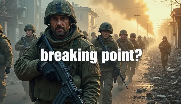 – Show a split image: one side with Russian forces advancing, the other with Ukrainian soldiers defending a city in ruins. Add a bold "Breaking Point?" text overlay