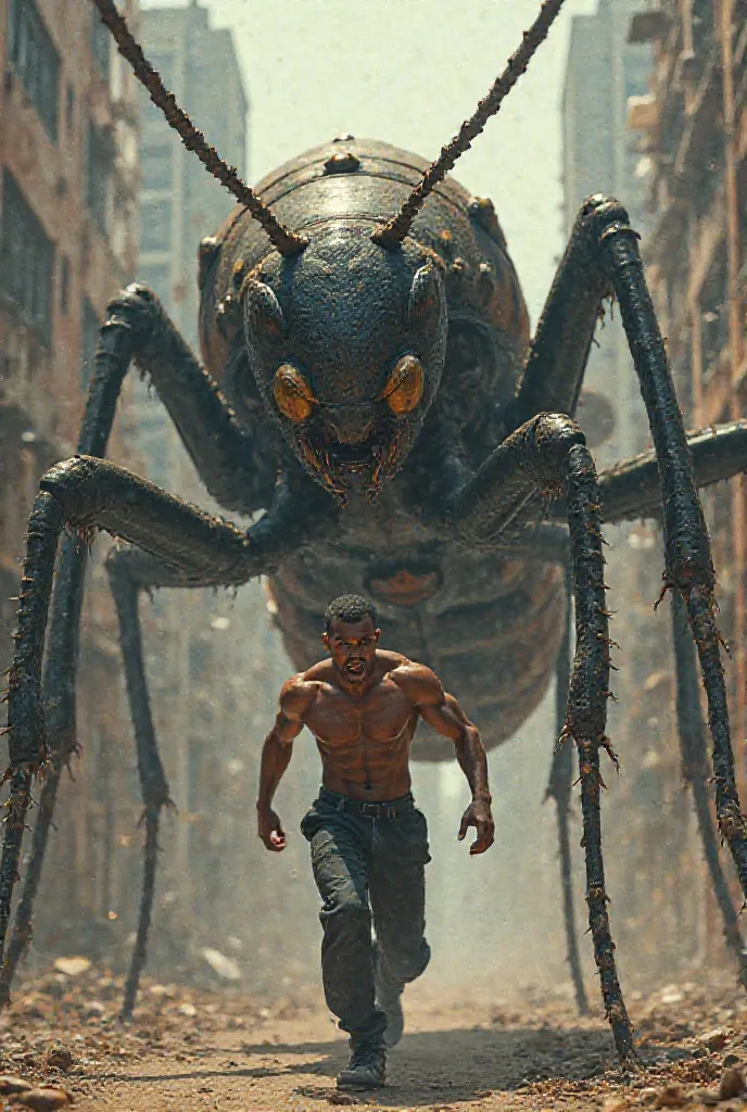 A black man chasing a giant ant