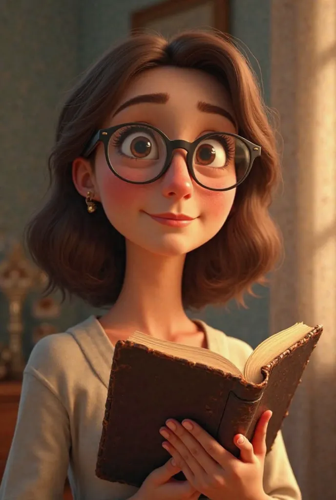 Create Pixar-style 3d animation of a white woman with brown hair with large lenses and bible in her hand 