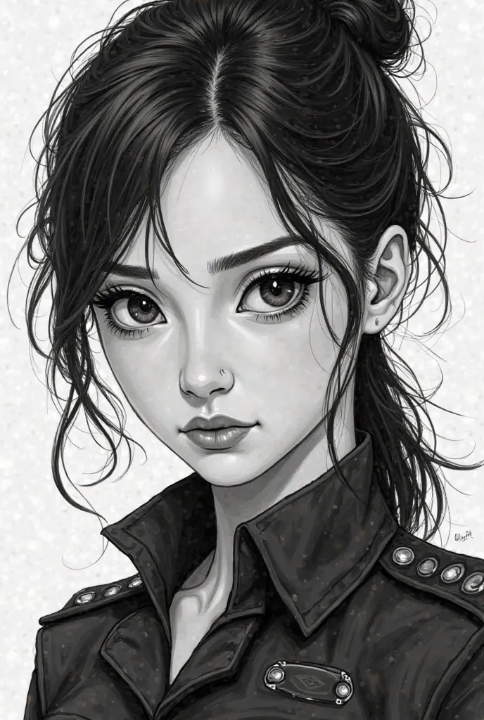  With sharp facial contours, Portrait of a young military woman with a serious and reckless attitude,  with white skin,  with black eyes, portrait of a young military woman with a serious and reckless attitude. Manga drawing, realistic drawing, cinematic l...