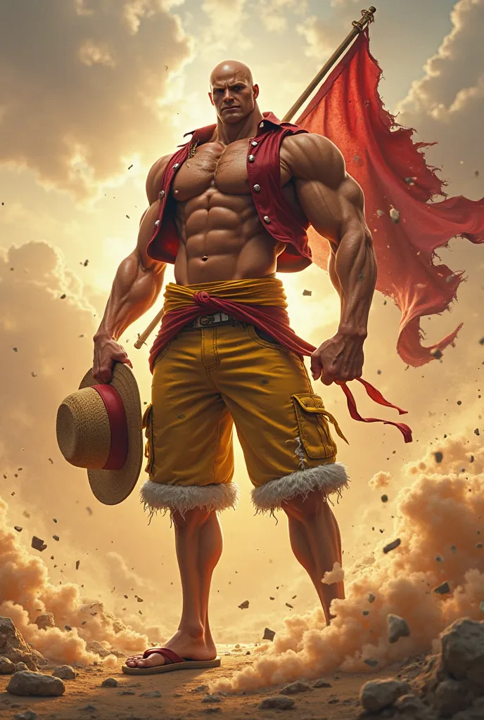 Imagine an awe-inspiring fusion of Luffy and Saitama—a hybrid warrior who embodies the best of both legendary heroes. The scene is set in a vast battle-worn landscape, where dust swirls in the wind, illuminated by the golden glow of a setting sun. Amidst t...