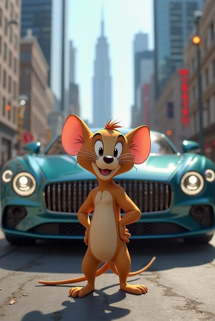 Draw Jerry brown from Tom and Jerry. Jerry should be standing in front of the Bentley Continental GT
