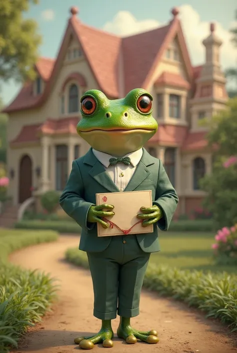 A very cute frog standing, With a wallet suit , Delivering a letter to a very beautiful house 