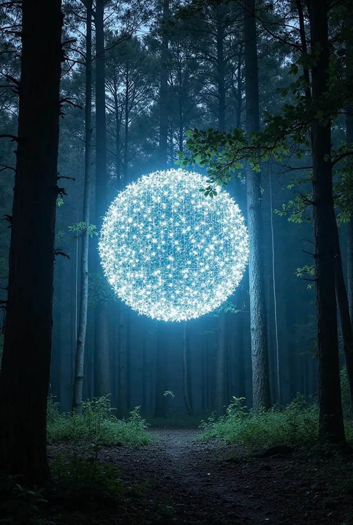 In the dark forest a big installation with volumetric LED screen display pixelated images of 3d fullerene. volumetric installation forms a three-dimensional cylindrical structure suspended from a tree. The trees around them glow with white lights that crea...