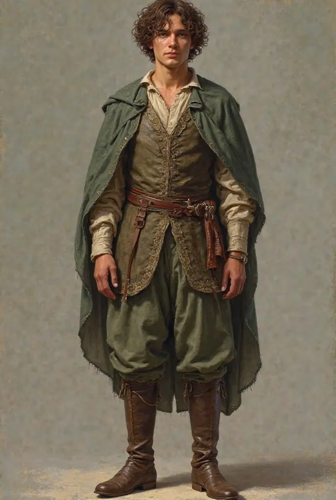 Draw a guy character with curly brown hair and green eyes, in full height,  realistically , wearing clothes from the 15th century