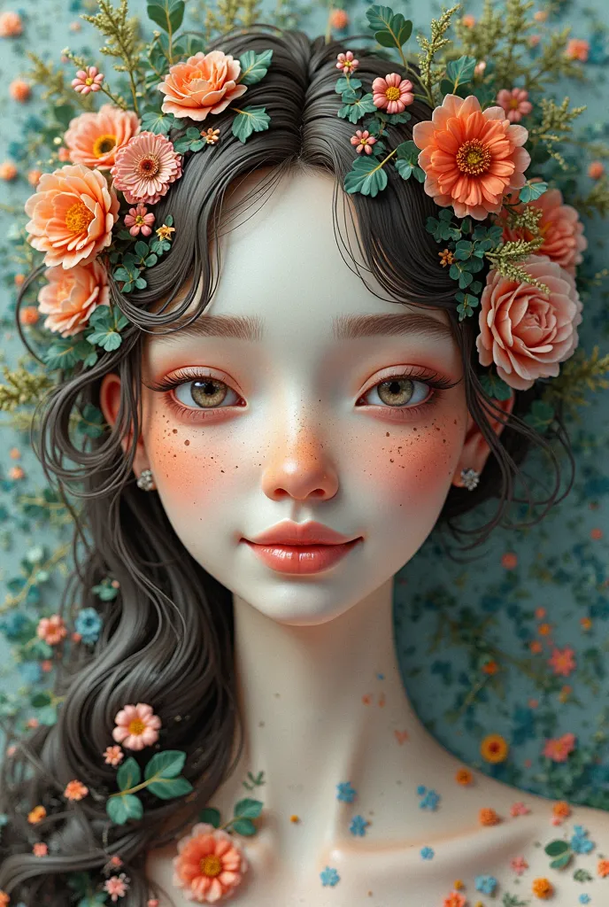 surrealist art, (3d rendering) art of sticking brok en stained glass onto glossy porcelain, 3d illustration of glossy porcelain with beautiful colors, harmony colors, a woman in sweet smile, she smile, transformed by flowers, full of flowers, ivy, dreamy
