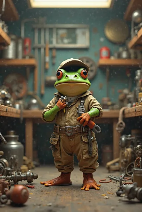 A cute frog standing , Wearing a mechanic's outfit in a workshop 