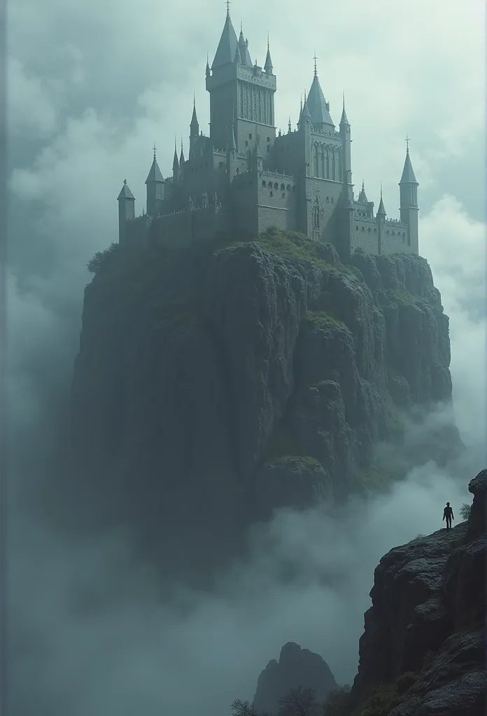  An ancient castle , dark, big,  on top of a cliff , Ultra-realistic image,  dark image , atmosphere dark, mist, dark