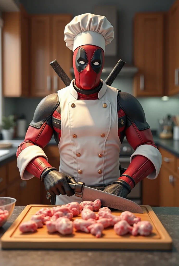 A highly detailed 3D-style scene: Inside a modern, well-lit American kitchen with wooden cabinets. Deadpool stands at the kitchen counter, dressed in a full chef's uniform, including a white chef's jacket, a matching hat, and his signature red and black ma...