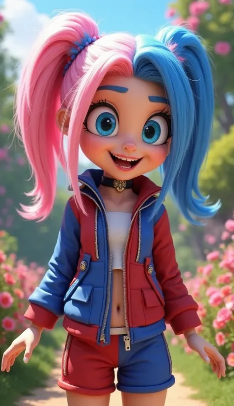 Harley Quinn, transformed into Sonic, is smiling joyfully and looking directly at the camera, with her iconic red and blue jacket, matching shorts, and playful attitude. She has her signature blue and pink hair styled in pigtails, with her joyful expressio...