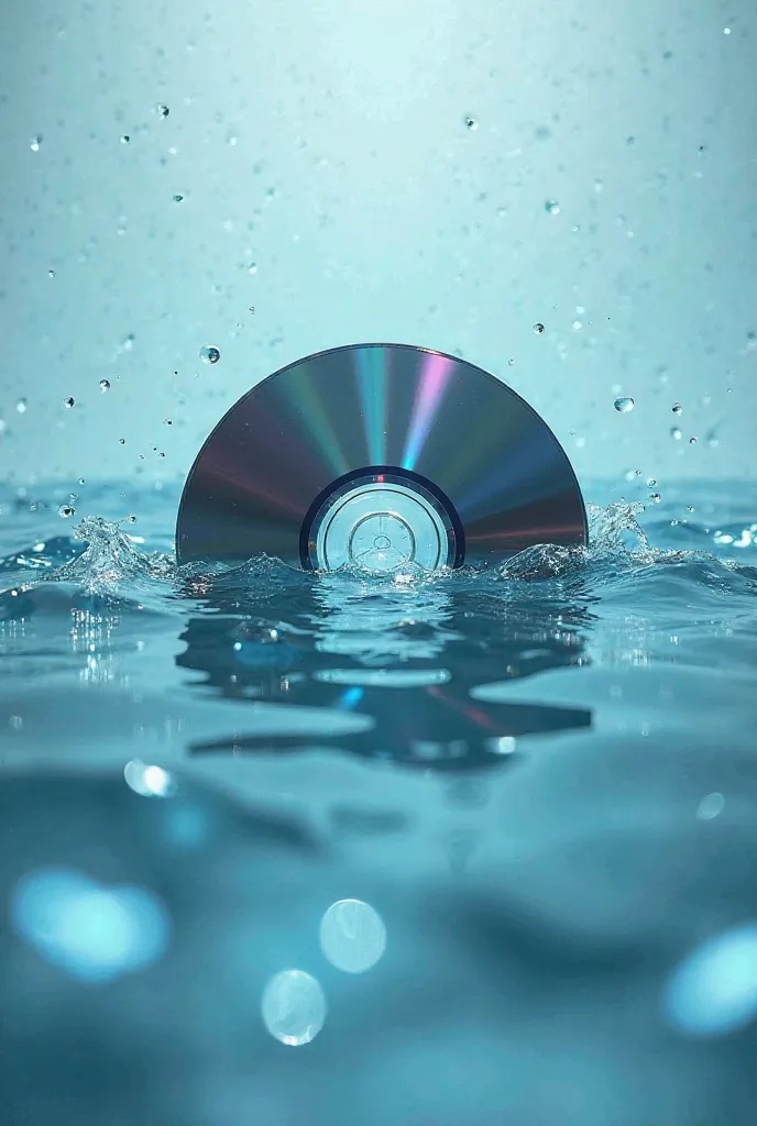 An image that portrays a CD immersed in water with advertising style 