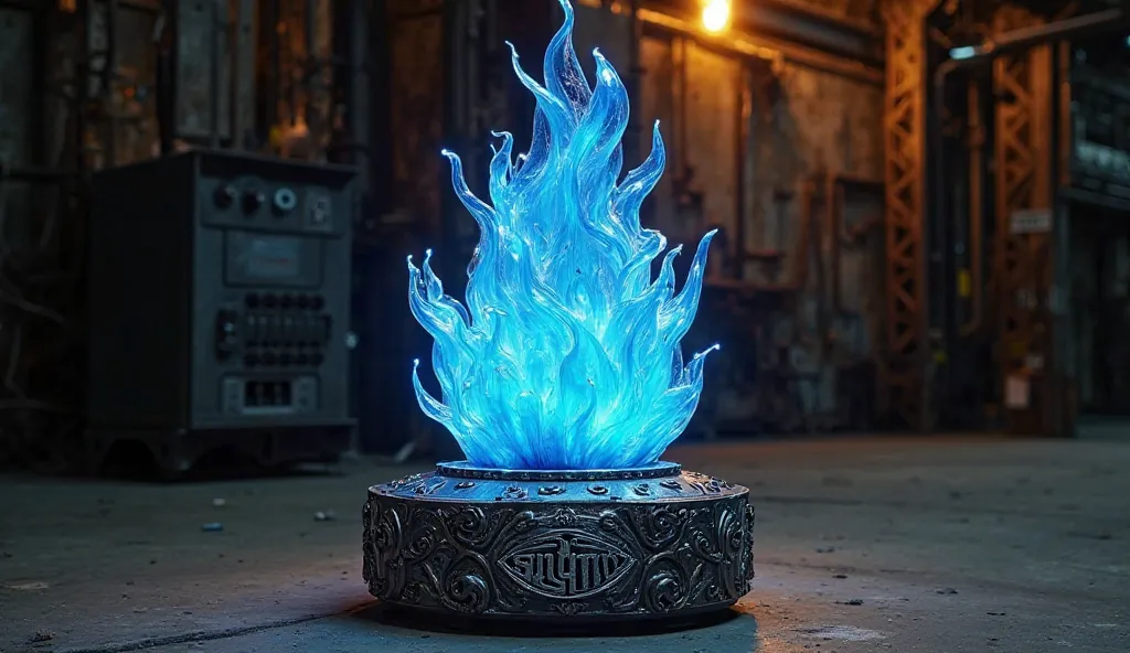 "A futuristic, artistic sculpture of a blue flame-like structure rising from a metallic base with intricate engravings. The sculpture appears to be made of translucent crystal or energy-like material, glowing with an ethereal blue hue. The base prominently...