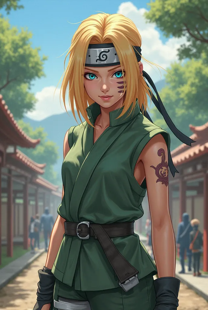 Create a 20-year-old female character, blonde with blue eyes,  Konoha headband, medium hair and stripes on the face