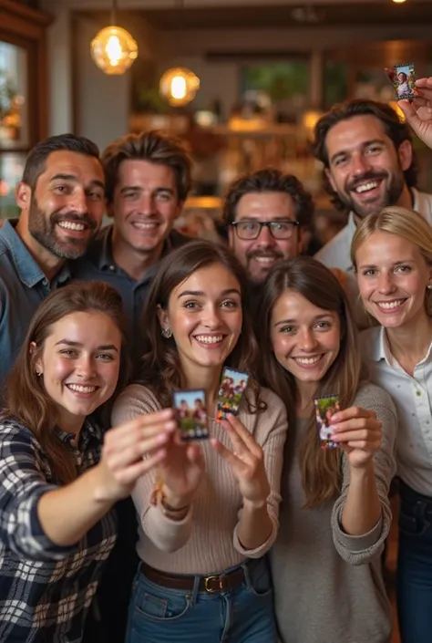 cheerful European guests hold photo strips in their hands 