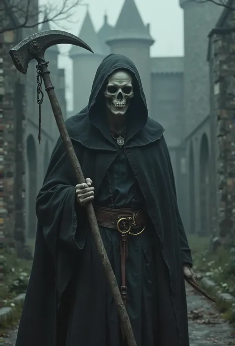  An ancient castle , dark, big,  White man,  skull face, wearing a black cape and hoodie, worn out and old,holding a large sickle with a large handle, Ultra-realistic image,  dark image , atmosphere dark, mist, dark