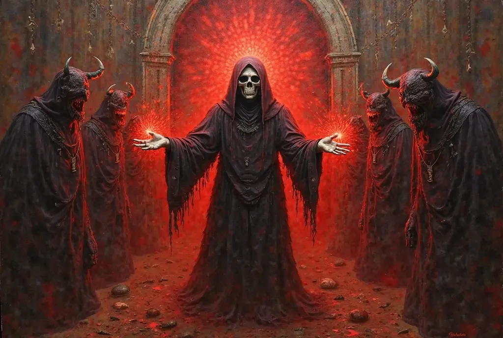  oil painting of In an old, dark, and mysterious church, the Occult satanic priest with a skull face channels red light energy from her palms, pushing it outward. The radiant light disintegrates the twisted forms of demons, their shadows melting away amids...