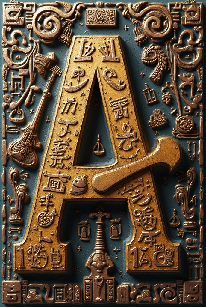 A letter A with gold-colored letters laminated in 3D , debajo de la letra que este el número ❺❼    con letras pequeñas.
Behind it is a bronze-colored Aztec calendar with a violin , a trumpet and musical signs 
At the bottom that has the phrase 
( 🄼🄰🅁🄸🄰🄲🄷🄸 ...