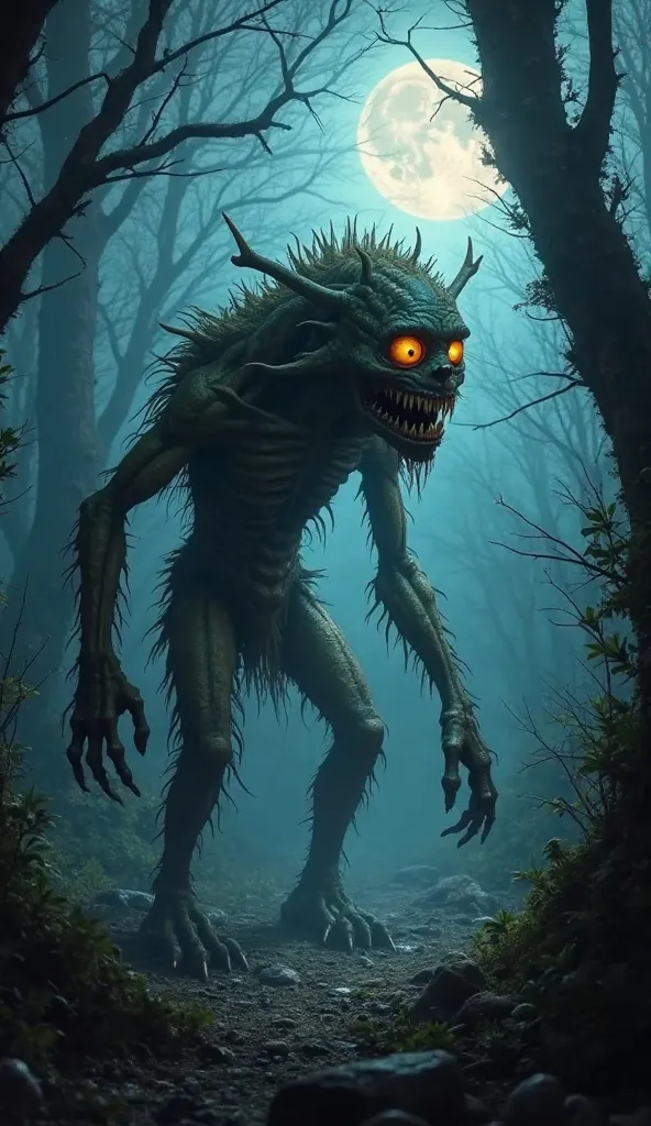 An ultra-realistic, nightmarish cryptid lurking in the dense, moonlit forest. Its twisted, emaciated body is covered in coarse, patchy fur, revealing sinewy muscles and protruding bones beneath. Its elongated limbs end in unnaturally long, clawed fingers t...