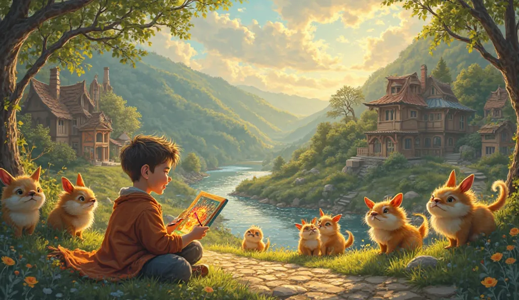 
A peaceful village with happy people, a boy painting beautiful scenes with a glowing brush, and ren gathered around him in admiration.

